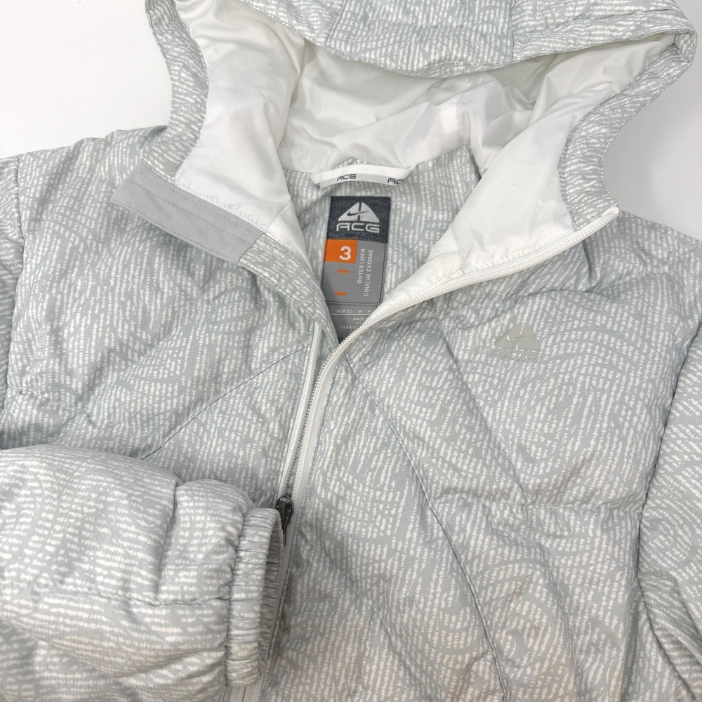 Nike ACG Grey Goose Down Puffer Jacket Womens Medium Grey White Patterned Hooded